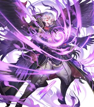 attack aura black_coat black_hair black_wings body_markings claws coat dark_aura energy_ball extra_eyes feathered_wings fire_emblem fire_emblem_awakening fire_emblem_heroes glowing_markings highres male_robin_(fire_emblem) male_robin_(grima)_(fire_emblem) male_robin_(grima)_(tyrant_of_ruin)_(fire_emblem) nintendo non-web_source official_art open_mouth partial_transformation red_eyes smile solo white_background wings