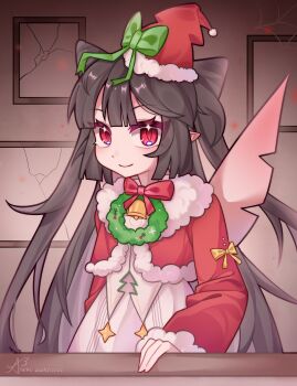 1girl absurdres artist_name bell black_hair blush bow bowtie capelet chinese_commentary christmas closed_mouth commentary_request cone_hair_bun dark_mother_(roco_kingdom) dokidoki_ouhuang dress fur-trimmed_headwear fur-trimmed_sleeves fur_trim green_bow green_ribbon hair_bow hair_bun hat highres indoors jacket long_hair long_sleeves looking_at_viewer pointy_ears red_bow red_capelet red_eyes red_jacket ribbon roco_kingdom santa_hat signature silk smile solo spider_web two_side_up very_long_hair wings