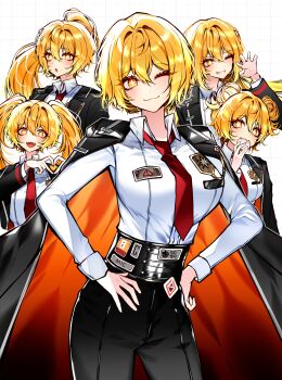 1girl absurdres alternate_hairstyle blonde_hair breasts cape cherry_oux claw_pose commentary don_quixote_(project_moon) double_bun eating english_commentary hair_bun heart heart_hands highres jacket large_breasts limbus_company long_hair medium_hair multiple_views open_clothes open_jacket project_moon short_hair sparkling_eyes tagme twintails yellow_eyes