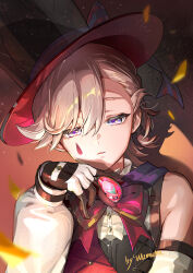 Rule 34 | 1boy, black hat, bow, bowtie, confetti, detached sleeves, facial mark, genshin impact, gloves, hair between eyes, hat, highres, holding, lyney (genshin impact), male focus, parted lips, purple eyes, signature, simple background, solo, sparkle, teardrop facial mark, top hat, upper body, wumumu