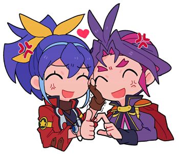 1boy 1girl anger_vein blue_hair bracelet brown_gloves cape closed_mouth fingerless_gloves gloves heart_hands_failure highres jacket jewelry joeri_(yu-gi-oh!) karaage_bentou_(28grtm) multicolored_hair open_clothes open_jacket open_mouth pink_hair ponytail purple_hair purple_jacket red_cape red_jacket serena_(yu-gi-oh!) single_glove thumbs_up two-tone_hair upper_body white_background yu-gi-oh! yu-gi-oh!_arc-v