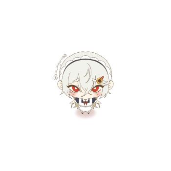 Rule 34 | 1boy, a date with death, apron, black dress, blush, casper (a date with death), chibi, chibi only, commentary, crossed bangs, double-parted bangs, dress, english commentary, flower, flower hairclip, from above, full body, hair between eyes, hair flower, hair ornament, maid headdress, male focus, outstretched arms, red eyes, sia myurii00, solo, sunflower, sunflower hair ornament, white apron, white hair