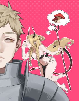 1boy 1girl absurdres angel_and_devil armor bare_shoulders barefoot blonde_hair braid breastplate breasts demon_girl dungeon_meshi earrings fingernails highres holding holding_weapon horns jewelry laios_touden large_breasts marcille_donato nail_polish navel pink_background pointy_ears red_nails sharp_fingernails short_hair shoulder_devil speech_bubble stomach thought_bubble twin_braids waxgourd weapon
