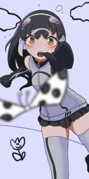 1girl absurdres african_penguin_(kemono_friends) bare_shoulders black_hair blush brown_eyes bug butterfly elbow_gloves gloves grey_background headphones highres hood hoodie insect kemono_friends kemono_friends_v_project long_hair looking_at_viewer microphone multicolored_hair onaji_(sokudo_seigen) penguin_girl simple_background skirt sleeveless sweat thighhighs virtual_youtuber zipper