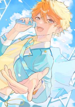 1boy akehoshi_subaru blue_eyes blue_necktie blue_shirt blue_sky cloud commentary_request ensemble_stars! falling_petals hair_between_eyes highres holding holding_microphone long_sleeves looking_at_viewer male_focus microphone necktie open_mouth orange_hair outstretched_arm petals shirt short_hair sky smile solo teeth umaka488 upper_body upper_teeth_only white_petals