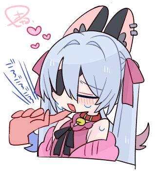 1boy animal_ear_fluff animal_ear_piercing animal_ears bare_shoulders bell black_ribbon blue_hair blush bow cardigan cat_boy cat_ears closed_eyes collar colored_tips commentary crossdressing crossdressing_(mtf) disembodied_hand double-parted_bangs drooling eyepatch fang flipped_hair frilled_collar frills hair_between_eyes hair_bow hair_intakes hand_on_another's_chin heart highres long_hair male_focus multicolored_hair neck_bell neck_ribbon no_nose off_shoulder one_eye_covered op_na_yarou open_cardigan open_clothes open_mouth original pink_bow pink_cardigan pink_shirt portrait quad_tails raised_inner_eyebrows red_collar red_hair ribbon rigel_(op_na_yarou) shirt sidelocks simple_background sleeveless sleeveless_shirt solo straight_hair stroking_another's_chin sweat translated trap watermark white_background white_hair