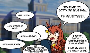 1boy 1girl animal_ears blank_eyes blue_jacket brown_skirt crying crying_with_eyes_open hair_between_eyes horse_ears horse_girl jacket long_hair looking_at_another maruzensky_(umamusume) open_mouth red_hair red_jacket skirt t-head_trainer_(umamusume) tears terkmc trainer_(umamusume) umamusume