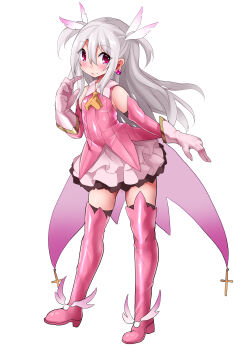 1girl absurdres boots cape fate/grand_order fate/kaleid_liner_prisma_illya fate_(series) feather_hair_ornament feathers female_focus flat_chest gloves hair_ornament highres illyasviel_von_einzbern long_hair looking_at_viewer magical_girl nagai_wataru pink_boots pink_feathers pink_gloves pink_sleeves pink_thighhighs prisma_illya red_eyes smile solo thigh_boots thighhighs white_hair