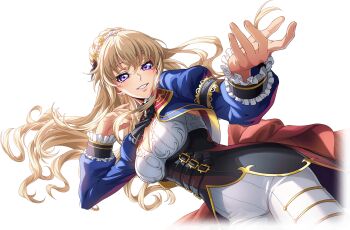 1girl blonde_hair blue_sky breasts cloud code_geass code_geass:_boukoku_no_akito code_geass:_lost_stories earrings f4samurai hair_bun highres jewelry leila_malcal long_hair official_art purple_eyes single_hair_bun sky smile solo teeth