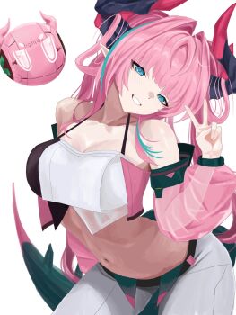 Rule 34 | aqua streaks, arknights, arknights: endfield, artzy tyrannical (arknights), belly, belt, black horns, blue eyes, blunt bangs, bra strap, breasts, cleavage, commentary request, detached sleeves, diamond in eye, dragon girl, dragon horns, dragon tail, hair intakes, hair on horn, haniwakun2006, head tilt, highres, horns, large breasts, long hair, multicolored hair, multicolored horns, navel, pants, pink hair, pink horns, pink sleeves, pink tube top, pointy ears, strapless, streaked hair, tail, tube top, twintails, two-tone horns, v, white background, white pants, yvonne (arknights)