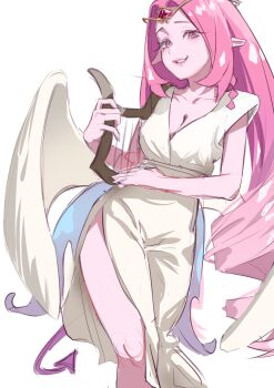 1girl absurdres angel angel_wings colored_skin cookie_run cookie_run:_kingdom dress eternal_sugar_cookie gem halo heart-shaped_gem highres holding holding_harp holding_instrument holding_lyre humanization instrument long_hair looking_at_viewer lyre pink_eyes pink_gemstone pink_hair pink_skin smile solo ushillust very_long_hair white_dress wings
