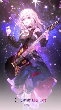 1girl absurdres aquaregia_(you_ge) bang_dream! bang_dream!_it's_mygo!!!!! black_dress black_pants blonde_hair breasts brown_corset chinese_commentary clothing_cutout commentary_request commission constellation corset doloris_(bang_dream!) dress earrings electric_guitar feet_out_of_frame guitar hair_between_eyes highres holding holding_plectrum instrument jewelry long_sleeves medium_breasts medium_hair misumi_uika open_mouth pants plectrum purple_eyes shoulder_cutout sky smile solo standing star_(sky) starry_sky starry_sky_background