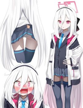 1girl 1other @_@ ass black_hairband black_jacket black_skirt black_thighhighs black_vest blue_archive blue_necktie blush clothes_lift collared_shirt disembodied_hand grey_skirt grey_thighhighs hair_between_eyes hairband halo hand_on_own_hip highres jacket k_mugura kei_(blue_archive) kei_(student)_(blue_archive) lifting_another's_clothes loli long_hair long_sleeves multiple_views necktie nose_blush open_clothes open_jacket open_mouth panties parted_lips pink_eyes puffy_long_sleeves puffy_sleeves shirt simple_background skirt skirt_lift sleeves_past_wrists standing tears thighhighs underwear v-shaped_eyebrows very_long_hair vest white_background white_hair white_jacket white_panties white_shirt