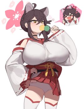>_< 1girl :d absurdres aged_up animal_ears black_hair blue_archive blush_stickers breasts cowboy_shot dango double_thumbs_up eating fang food gluteal_fold gya_rb halo highres japanese_clothes kaede_(blue_archive) kimono large_breasts long_bangs open_mouth oppai_loli panties pantyshot raccoon_ears red_halo red_sailor_collar ribbon_trim sailor_collar skin_fang sleeveless sleeveless_kimono smile solo standing thick_thighs thighhighs thighs thumbs_up underwear wagashi white_thighhighs wind wind_lift xd yellow_eyes