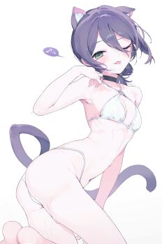 1girl absurdres animal_ears ass bare_shoulders bikini black_choker black_hair blush cat_ears cat_tail chainsaw_man choker green_eyes highres looking_at_viewer meunhongcha one_eye_closed purple_hair reze_(chainsaw_man) smile solo swimsuit tail tongue tongue_out white_background white_bikini
