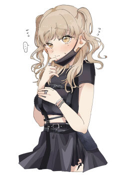 1girl black_shirt black_skirt blonde_hair blush emi537469 highres jewelry looking_at_viewer mask mask_pull medium_hair mouth_mask nijisanji official_alternate_costume ring shirt sister_claire sister_claire_(9th_costume) skirt solo two_side_up virtual_youtuber white_background yellow_eyes