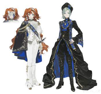 absurdres alternate_costume alternate_universe ascot black_boots black_cape black_dress black_hat black_pants blue_ascot blue_sash boots cape covered_eyes dark_persona dress epaulettes erming225 green_eyes grey_eyes grey_hair hair_bun hand_on_own_hip hat highres jacket juliet_sleeves long_hair long_sleeves looking_at_viewer missing_commentary orange_hair overskirt pants pants_under_dress puffy_sleeves reverse:1999 sash short_hair shoulder_sash side_cape single_side_bun sonetto_(reverse:1999) standing thigh_boots two_side_up vertin_(reverse:1999) watermark weibo_watermark white_background white_jacket white_mask white_pants