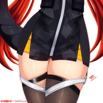 1girl absurdres artist_name black_dress dragon_girl dress highres hip_focus long_hair lower_body mechanical_tail orange_hair orphie_magnusson signature simple_background solo tail thick_thighs thighhighs thighs tobishunzi twintails white_background zenless_zone_zero zipper_dress
