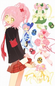 Rule 34 | 5girls, :o, amulet clover, amulet dia, amulet heart, amulet spade, apron, armband, arms behind back, bare legs, black footwear, black jacket, blue hat, blue shirt, blue shorts, blue sleeves, blue thighhighs, blush stickers, boots, bright pupils, chibi, closed eyes, clover, clover hair ornament, collared shirt, commentary, cowboy shot, crop top, cross, cross hair ornament, detached sleeves, diamond (shape), diamond hair ornament, dress, egg, eyelashes, flat chest, frilled dress, frills, from side, full body, gloves, green apron, green dress, green footwear, green gloves, green headdress, green thighhighs, grid background, hair ornament, hairband, hat, headphones, headset, heart, heart hair ornament, highres, hinamori amu, holding, holding paintbrush, holding whisk, jacket, leg up, long sleeves, looking at viewer, loose socks, magical girl, maid headdress, medium hair, midriff, mini person, minigirl, miniskirt, mota (motaberrie), multiple girls, navel, neck ribbon, necktie, open mouth, oversized object, paintbrush, pink boots, pink hair, pink hairband, pink shirt, pink skirt, pink socks, plaid clothes, plaid skirt, pleated skirt, pom pom (cheerleading), ponytail, punk, red armband, red cross, red necktie, red ribbon, red skirt, ribbon, safety pin, shirt, shoes, short hair, shorts, shugo chara!, sitting, skirt, sleeveless, sleeveless shirt, sleeves past fingers, sleeves past wrists, smile, sneakers, socks, spade (shape), spade hair ornament, standing, striped clothes, striped thighhighs, symbol-only commentary, thigh boots, thighhighs, twintails, v-shaped eyebrows, whisk, white shirt, wide sleeves, winged footwear, wings, yellow boots, yellow eyes, yellow ribbon, yellow skirt, yellow wings, zettai ryouiki