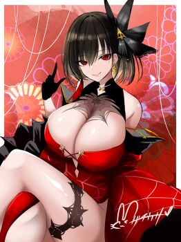 artist_name azur_lane black_gloves breasts chien_wu_(azur_lane) china_dress chinese_clothes cleavage crossed_legs dress evening_gown floral_background gloves hisin large_breasts looking_at_viewer red_dress red_hair short_hair signature sitting smile spider_web_pattern spider_web_print