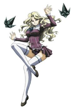 blonde_hair blue_hair dress elizabeth_mably freezing_(series) freezing_vibration long_hair maroon_dress shoes thighhighs white_background white_thighhighs