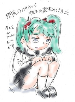 1girl aqua_hair black_shoes black_skirt blue_eyes char's_counterattack gundam gundam_hathaway's_flash hair_ribbon long_hair long_sleeves looking_at_viewer mary_janes mobile_suit_gundam panties quess_paraya red_ribbon ribbon school_uniform shirt shoes sitting sketch skirt socks su_(pixiv_263717) twintails underwear white_background white_panties white_shirt white_socks