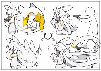 1girl 1other ahoge aiming animal_ears arrow_(symbol) black_shirt border breath colored_tongue commentary_request dorodra_(kisaragi_kaya) extra_mouth failure firing flying_sweatdrops from_side gun hair_over_eyes hand_to_own_mouth handgun hands_up holding holding_gun holding_weapon kisaragi_kaya long_hair long_sleeves monster_girl motion_lines muzzle_flash off-shoulder_sweater off_shoulder open_mouth original outside_border prehensile_hair puff_of_air sequential shirt sleeves_past_wrists slime_(substance) spitting sweater tentacle_hair trapped weapon white_background white_border white_hair white_sweater yellow_tongue