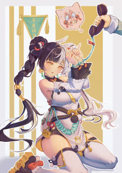 2girls absurdres animal_ear_fluff animal_ears animal_print bare_shoulders bear_print black_hair black_shoes bound bound_wrists braid braided_twintails breasts china_dress chinese_clothes commentary_request corded_phone detached_sleeves dialyn_(zenless_zone_zero) dress earrings furry furry_female hair_extensions hair_ornament hairclip highres holding holding_phone jewelry kneeling long_hair medium_breasts mimikayo multicolored_hair multiple_girls necktie open_mouth panda_hair_ornament panda_print phone pink_fur rabbit_ears rabbit_girl ring_hair_extensions shoes split-color_hair thighhighs white_dress white_hair white_thighhighs yellow_eyes yellow_necktie zenless_zone_zero zhao_(zenless_zone_zero)