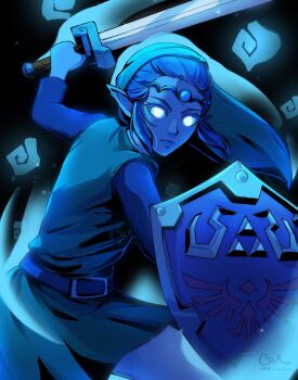 1girl artist_name belt blue_theme chaendeulleo circlet closed_mouth commentary cowboy_shot glowing glowing_eyes hat highres holding holding_shield holding_sword holding_weapon hylian_shield long_sleeves nintendo pointy_ears princess_zelda shield solo sword the_legend_of_zelda the_legend_of_zelda:_echoes_of_wisdom tunic weapon