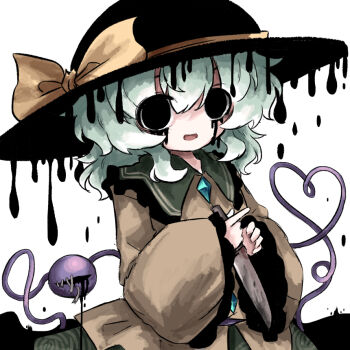 1girl black_bow black_eyes bow buttons diamond_button eyeball fedora frilled_sailor_collar frilled_shirt_collar frilled_sleeves frills green_hair hair_between_eyes hat hat_bow heart heart_of_string heripantomorrow holding komeiji_koishi long_sleeves looking_at_viewer medium_hair melting open_mouth own_hands_together sailor_collar shirt simple_background smile solid_circle_pupils solo stitched_eye third_eye touhou white_background wide_sleeves yellow_bow yellow_shirt