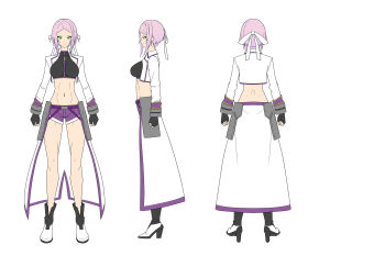 1girl arms_at_sides commentary_request commission cropped_jacket flat_color from_behind from_side full_body green_eyes high_heels highres jacket looking_at_viewer multiple_views mytea_(soso) original pink_hair purple_shorts short_hair shorts skeb_commission solo standing straight-on very_short_hair waist_cape white_background white_jacket