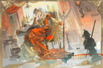 1girl blue_eyes book book_stack candlestand castle chair chandelier chess_piece commentary commission dress edelgard_von_hresvelg edelgard_von_hresvelg_(adorned_eagle) fire_emblem fire_emblem:_three_houses fire_emblem_heroes gown handrail holding holding_chess_piece holding_scepter lamp lin_qing_(phosphorus_1104) long_hair nintendo off-shoulder_dress off_shoulder official_alternate_costume open_window red_dress scepter second-party_source sitting solo tile_floor tiles watermark white_hair window