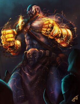 1boy abs absurdres artist_request bald bare_pectorals beard blue_skin brass_knuckles chest_belt colored_skin critical_role dungeons_&amp;_dragons electricity facial_hair feet_out_of_frame fighting_stance gauntlets glowing glowing_eyes grog_strongjaw head_tattoo highres large_pectorals male_focus mature_male muscular muscular_male mustache navel pectorals pelvic_curtain solo standing stomach the_legend_of_vox_machina thick_eyebrows weapon