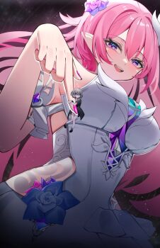 2girls breasts clothing_cutout commentary cyrene_(honkai:_star_rail) diamond-shaped_pupils diamond_(shape) dress english_commentary flower forever_moru giant giantess grey_hair hair_flower hair_ornament highres honkai:_star_rail honkai_(series) large_breasts long_hair multiple_girls open_mouth pink_hair pink_nails pointy_ears purple_eyes side_cutout smile stelle_(honkai:_star_rail) symbol-shaped_pupils trailblazer_(honkai:_star_rail) very_long_hair white_dress