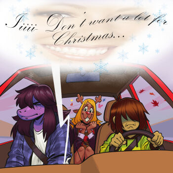 1other 2girls absurdres all_i_want_for_christmas_is_you_(mariah_carey) angusburgers blonde_hair blue_shirt brown_hair car_interior colored_skin deltarune driving freckles frown furry green_shirt happy heart highres kris_(deltarune) long_sleeves multiple_girls noelle_holiday plaid_clothes plaid_shirt purple_skin shirt sitting smile speech_bubble susie_(deltarune) t-shirt utdr_(toby_fox) white_shirt