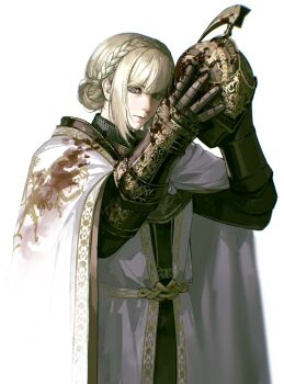 Rule 34 | 1girl, armor, blonde hair, blood, blood on clothes, blue eyes, braid, breastplate, cloak, closed mouth, cowboy shot, crown braid, elden ring, elden ring: shadow of the erdtree, gauntlets, hair bun, helmet, highres, holding, holding unworn helmet, knight, looking at viewer, needle knight leda, ornate armor, short hair, simple background, solo, standing, surcoat, tutou jiang, unworn headwear, unworn helmet, white background, white cloak