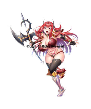 1girl alectra armor bikini_armor breasts curvy demon_girl fangs full_body gloves holding holding_weapon horns huge_breasts jumping lilith-soft long_hair navel open_mouth pointy_ears red_hair revealing_clothes shiny_skin solo stomach_tattoo taimanin_(series) taimanin_rpgx tattoo thong weapon whale_tail_(clothing) wide_hips zol