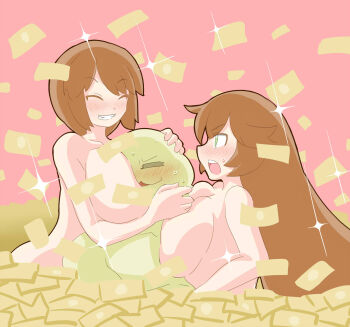 1boy 2channel 2girls alternate_breast_size_(larger) bald banknote between_breasts blush breast_press breasts brown_hair closed_eyes commentary_request completely_nude face_between_breasts falling_money green_eyes grin head_between_breasts highres itini-sanshi large_breasts long_hair looking_at_another money money_bath multiple_girls nude open_mouth pink_background rozen_maiden shimaidon_(sex) short_hair siblings sisters smile souseiseki suiseiseki twins upper_body yaruo