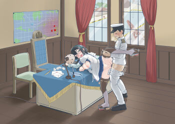 1boy 1girl admiral_(kancolle) black_hair blue_skirt chair clothed_sex computer crane_(machine) desk glasses green_hairband hairband hat hetero highres indoors kantai_collection laptop long_hair long_sleeves map military military_uniform mimofu_(fullhighkick) miniskirt naval_uniform ooyodo_(kancolle) panties peaked_cap penis pleated_skirt school_uniform serafuku sex sex_from_behind skirt speech_bubble standing standing_sex thighhighs tissue_box translated underwear unworn_panties vaginal window wooden_floor