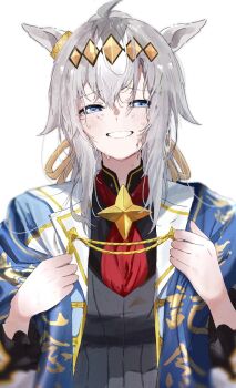 1girl ahoge animal_ears arima_kinen blue_eyes brooch commentary_request crying ear_ornament grey_hair grey_leotard ha_(hura76752775) hair_between_eyes hair_ornament hair_ribbon hairband happy_tears highres horse_ears horse_girl jacket jewelry leotard long_hair long_sleeves looking_at_viewer multicolored_hair neckerchief oguri_cap_(cinderella_gray)_(umamusume) oguri_cap_(umamusume) open_mouth ponytail red_neckerchief ribbon simple_background smile solo star_brooch tears umamusume umamusume:_cinderella_gray upper_body white_background white_jacket