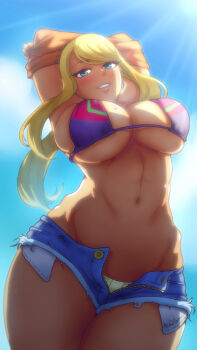 1girl abs akairiot armpits arms_behind_head arms_up artist_name bad_id bad_pixiv_id bare_shoulders bikini bikini_top_only blonde_hair blouse blue_eyes blue_sky blush breasts cleavage clothes_lift cloud denim denim_shorts female_focus grin halter_top_bikini halterneck highres huge_breasts jeans legs_together linea_alba long_hair looking_at_viewer looking_down lowleg metroid mole mole_on_breast mole_under_mouth navel nintendo ocean orange_shirt panties pants ponytail purple_bikini samus_aran shirt shirt_lift short_shorts shorts signature skindentation sky smile solo sunlight swimsuit thick_thighs thighs toned toned_stomach torn_clothes torn_shorts unbuttoned underboob underwear undressing unworn_shirt unzipped