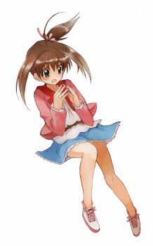 Rule 34 | 1girl, :o, ahoge, akari sakura, bad id, bad pixiv id, belt, blush, brown hair, casual, female focus, flat chest, full body, green eyes, hair ribbon, highres, jacket, jewelpet (series), jewelpet twinkle, legs, long hair, no socks, nyama, open mouth, ribbon, sakura akari, shoes, side ponytail, simple background, skirt, sneakers, solo, steepled fingers, surprised