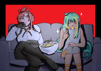2girls ahoge android black_gloves black_pants blonde_hair bolo_tie boviboy bowl couch crossed_legs dark-skinned_female dark_skin eating evangeline_morgan food freckles gloves green_hair grey_shirt highres index_finger_raised multicolored_hair multiple_girls of_the_devil pants red_background red_eyes serra_ashur shirt sitting two-tone_hair