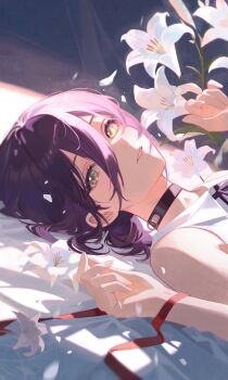 1girl bare_shoulders black_choker chainsaw_man choker double-parted_bangs falling_petals flower green_eyes hair_between_eyes hashtag-only_commentary heichanart highres light_smile long_bangs looking_at_viewer lying parted_lips petals portrait purple_hair purple_ribbon red_ribbon reze_(chainsaw_man) ribbon shadow shirt short_hair sleeveless sleeveless_shirt solo white_flower white_petals white_shirt