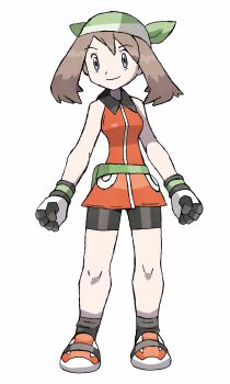 1girl absurdres amayzing2002 arms_at_sides bandana black_collar black_shorts breasts brown_hair clenched_hands collar commentary dress english_commentary expressionless fanny_pack full_body green_bandana grey_eyes highres legs_apart may_(pokemon) medium_hair nintendo orange_dress pokemon pokemon_emerald pokemon_rse shorts sleeveless smile white_background