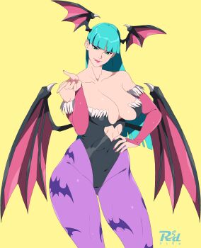 1girl absurdres animal_print bare_shoulders bat_print black_leotard blunt_bangs breasts capcom cleavage clothing_cutout collarbone cowboy_shot darkstalkers demon_girl demon_wings green_eyes green_hair head_wings heart_cutout highres leotard long_hair looking_at_viewer morrigan_aensland pantyhose pink_nails print_pantyhose purple_pantyhose r3dfive smile solo strapless strapless_leotard wings yellow_background