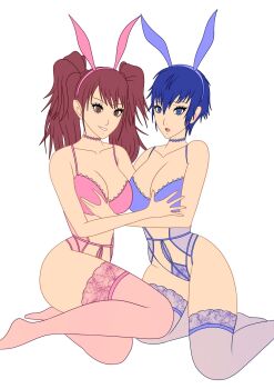 Rule 34 | 2girls, animal ears, blue hair, blue thighhighs, breasts, brown hair, groping, highres, kujikawa rise, lingerie, looking at viewer, multiple girls, open mouth, persona, persona 4, persona 4 the golden, pink thighhighs, playboy bunny, rabbit ears, rrl0215, shirogane naoto, simple background, smile, thighhighs, thighs, underwear