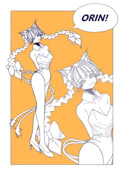 1girl absurdres animal_ears braid breasts cat_ears cat_girl cat_tail cleavage collarbone commentary_request detached_collar fang greyscale_with_colored_background high_heels highres kaenbyou_rin leotard looking_at_viewer miso_konbu multiple_tails multiple_views orange_background playboy_bunny smile speech_bubble strapless strapless_leotard tail touhou twin_braids zoom_layer
