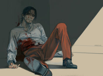 1boy against_wall beard beard_stubble black_hair black_shoes blood blood_on_clothes blood_on_face blood_on_shoes brown_pants character_request collared_shirt copyright_request ctkcave curtained_hair dress_shoes facial_hair injury lying male_focus medium_hair mustache_stubble on_back pants shirt shoes solo striped_clothes striped_shirt stubble white_shirt