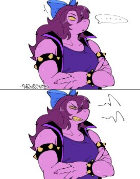 ... 1girl annoyed armlet bow bracelet clenched_teeth colored_sclera colored_skin crossed_arms deltarune furry furry_female hair_bow highres jewelry long_hair looking_at_viewer miz7xf multiple_views pink_skin purple_hair purple_shirt sequential sharp_teeth shirt simple_background solo spiked_armlet spiked_bracelet spikes spoken_ellipsis susie_(dark_world)_(deltarune) susie_(deltarune) swept_bangs teeth upper_body utdr_(toby_fox) white_background yellow_sclera